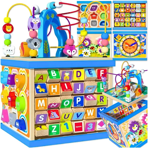 SORTER KOSTKA DREWNIANA EDUKACYJNA Z LABIRYNTEM KSZTAŁTY ALFABET MONTESSORI