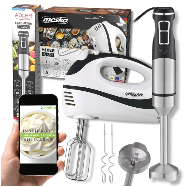 Mocny Blender ręczny 1900W Kruszy Lód + Mikser ręczny Funkcja TURBO haki