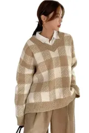 shein-sweter-damski-bezowy-w-kratke-casual-m-llb