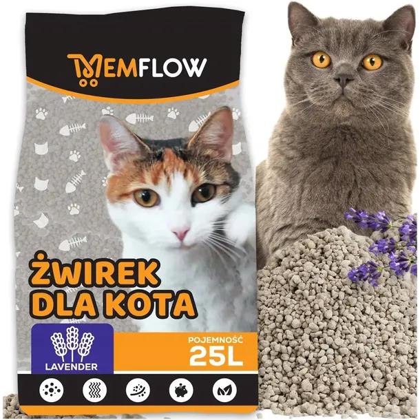 ŻWIREK DLA KOTA 25L BENTONITOWY LAWENDOWY ZBRYLAJĄCY DO KUWETY BEZPIECZNY