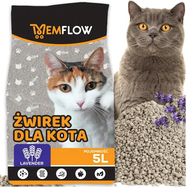 ŻWIREK DLA KOTA BENTONITOWY 5L LAWENDOWY ZBRYLAJĄCY NATURALNY DO KUWET