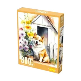 puzzle-300-elementow-pies-przy-bude-uroczy-motyw-ze-zwierzeciem-i-kwiatami