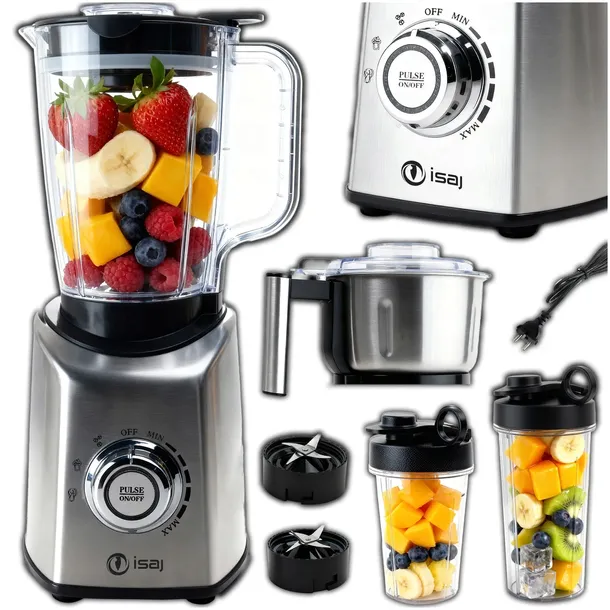 BLENDER KIELICHOWY DUŻY SMOOTHIE 4w1 + MŁYNEK + 2 BIDONY + stal INOX ISAJ