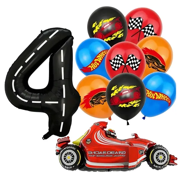 BALON AUTO NA URODZINY WHEELS WYĆIGI BALON CYFRA 4 NA HEL ZESTAW BALONÓW