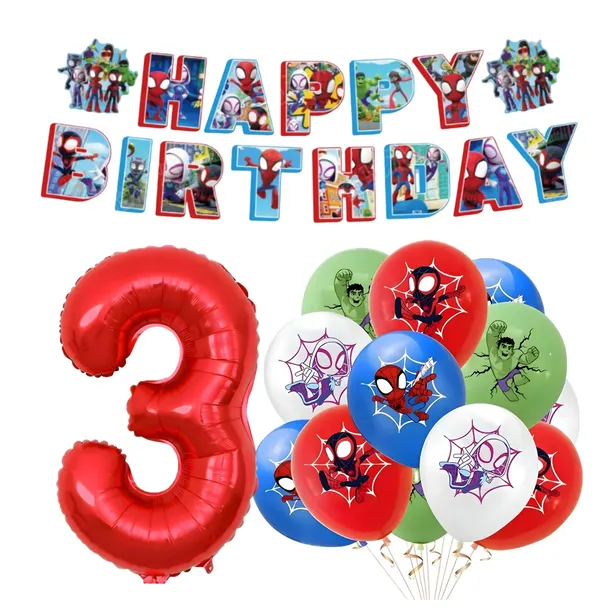 BALONY NA 3 URODZINY pająk spider BANER HAPPY BIRTHDAY CYFRA 3 CZERWONA