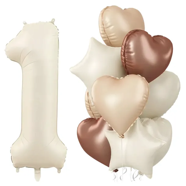 BALONY NA 1 URODZINY ZESTAW BALONÓW CYFRA 1 BEŻ BALONY SERCA GWIAZDKI HEL