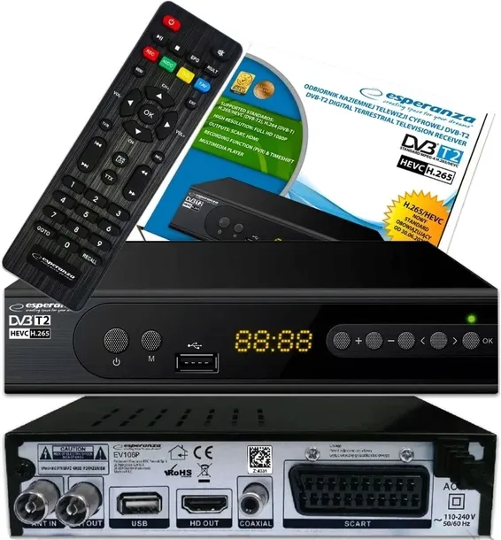 DEKODER TUNER TV NAZIEMNEJ HD DVB-T2 HEVC H.265 WYŚWIETLACZ + PILOT