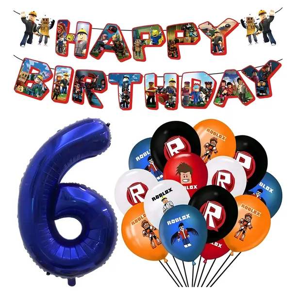 BALONY ROBLOX NA URODZINY BANER HAPPY BIRTHDAY CYFRA 6 GRANATOWA DEKORACJA