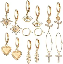 kolczyki-zestaw-kolka-serce-krzyzyk-pioro-roza-oko-slonce-zlote-7par
