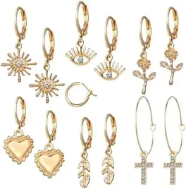 kolczyki-zestaw-kolka-serce-krzyzyk-pioro-roza-oko-slonce-zlote