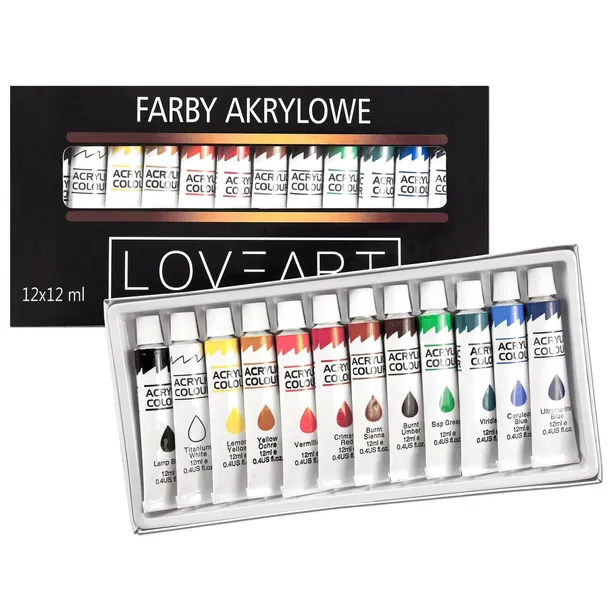 FARBY AKRYLOWE W PUDEŁKU 12 szt x 12 ml LOVEART DO MALOWANIA WIELOKOLOROWE