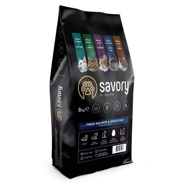 Savory Premium karma sucha dla kota adult łosoś biała ryba 8kg