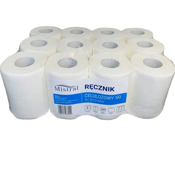 Ręcznik papierowy celuloza 50m 2w Mistral w opakowaniu 12 szt. biały