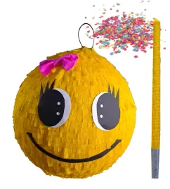 piniata-urodzinowa-zolta-emotka-z-kokardka-duza-86-cm-kij-konfetti