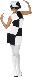 kostium-lata-60-dziewczyna-czarno-bialy-disco-sukienka-kapelusz-halloween