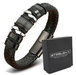 czarna-bransoleta-skora-z-obreczami-plecionka-stal
