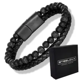 skorzana-meska-bransoleta-plecionka-koraliki-lawa