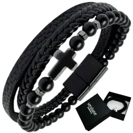 bransoletka-skorzana-czarny-agat-onyks-hematyt-krzyz-magnetyczna-seralune