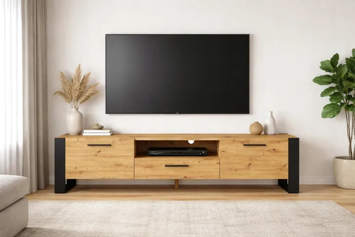 Szafka RTV pod telewizor NUKA 200 cm dąb artisan loftowa 2 szuflady