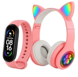 rozowy-smart-band-6-smartwatch-sluchawki-kocie-uszka-led-bezprzewodowe