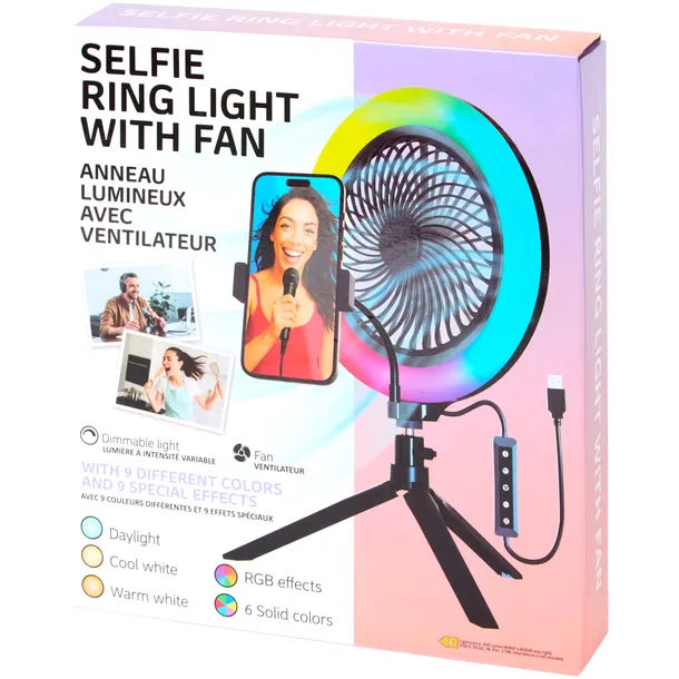 LAMPA PIERŚCIENIOWA LED RGB Z WENTYLATOREM do Selfie Makijaż YouTube TikTok