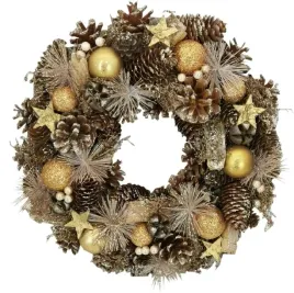 recznie-robiony-wieniec-swiateczny-34-cm-zloty-stroik-z-szyszek-i-bombek