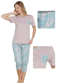 pizama-damska-bawelniana-3-4-spodnie-kwiatki-pastelowy-roz-xxl
