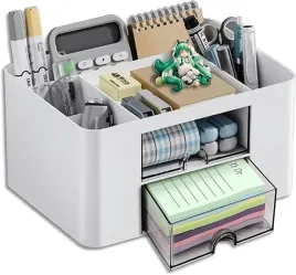 organizer-na-biurko-na-dlugopisy-karteczki-z-szuflatkami-na-przybory-bialy