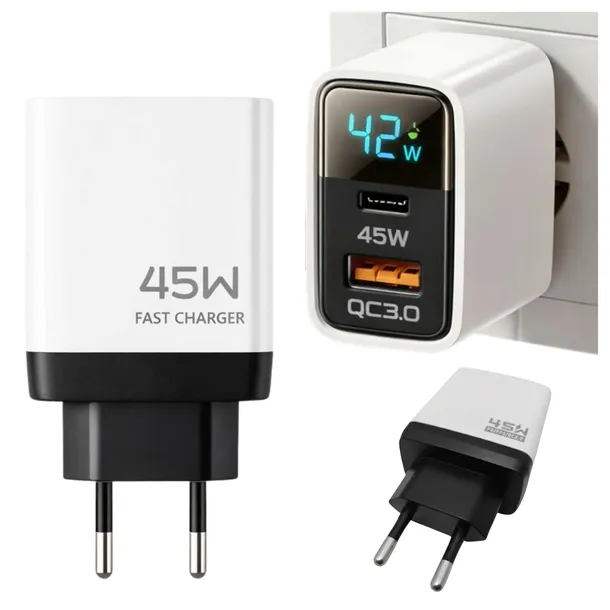 Ładowarka do telefonu 45W szybka z Wyświetlaczem USB typ C sieciowa QC 3.0