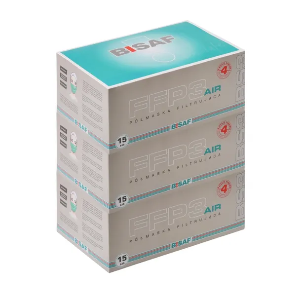 Maseczki FFP3 AIR | BISAF | wysoka filtracja 99% | 3 x opak. 15 sztuk
