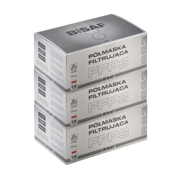 Maseczki ochronne FFP3 | BISAF | wysoka filtracja 99% | 3 x opak. 15 sztuk