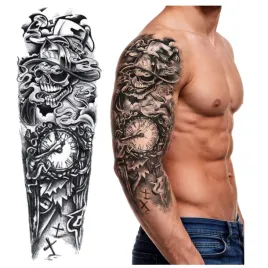tatuaz-rekaw-czaszka-dym-zegar-krzyze-zmywalny-tymczasowy-wodny