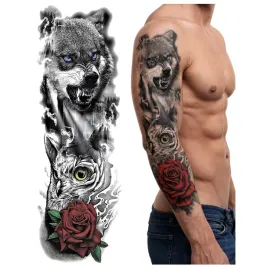 tatuaz-rekaw-wilk-sowa-czerwona-roza-zmywalny-tymczasowy-wodny