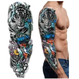 tatuaz-rekaw-tygrys-koliber-kwiaty-zmywalny-tymczasowy-wodny