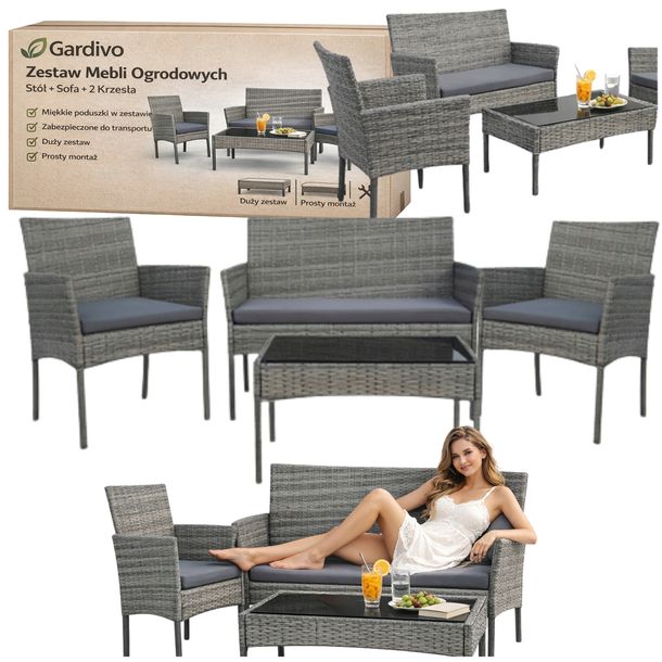 ZESTAW MEBLI OGRODOWYCH SOFA FOTELE STOLIK NA TARAS SZARY TECHNORATTAN