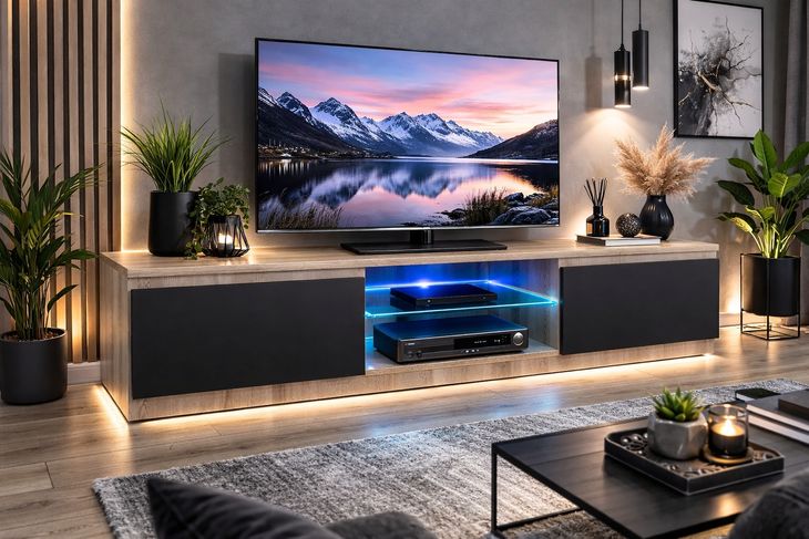 Szafka RTV dąb Sonoma 140cm + czarny front LED półka szklana Cichy Domyk