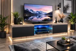 szafka-rtv-dab-sonoma-140cm-czarny-front-led-polka-szklana-cichy-domyk