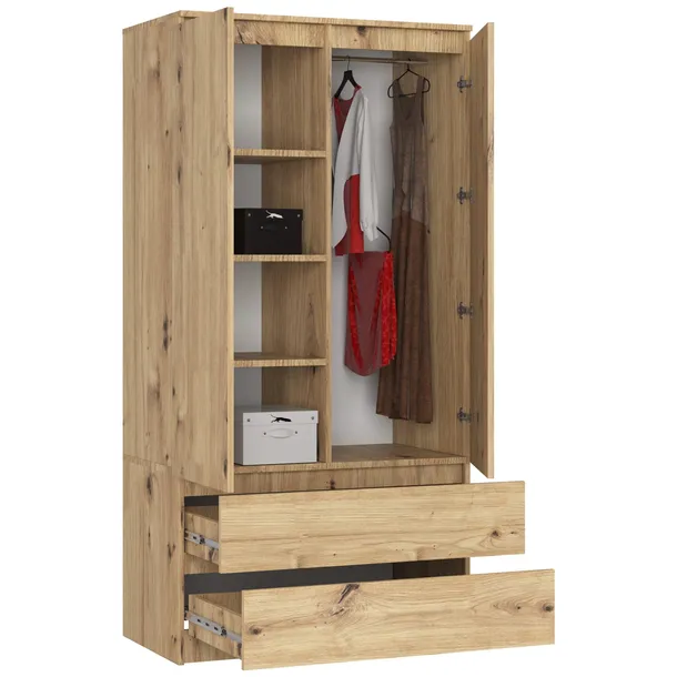 szafa-dwudrzwiowa-90-cm-sypialnia-2-drzwi-2-szuflady-4-polki-dab-artisan-stan-nowy