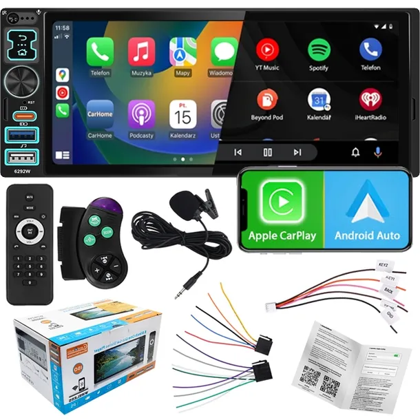 Multimedialne radio 1 DIN 6,8” Android Auto CarPlay BT USB Pilot Kamera