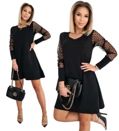 kobieca-sukienka-trapezowa-tiulowe-rekawy-groszki