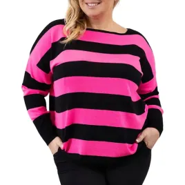 sweterek-damski-sweter-damski-w-paski-oversize-czarno-rozowy