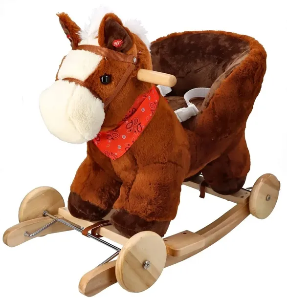 AdamToys Konik na biegunach Brązowy pluszowy Grający Bujak z pasem kołami