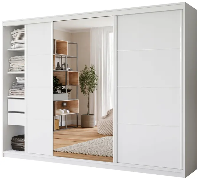 Szafa przesuwna z lustrem 280 cm VITA biały z szufladami do sypialni