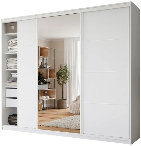 Szafa przesuwna z lustrem 280 cm VITA MAX biała wysoka z drążkami