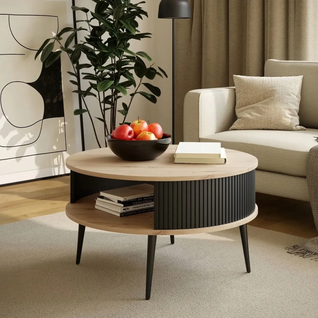 stolik-do-salonu-okragly-lamelowy-dab-artisan-czarne-nogi-nowoczesny-76-cm