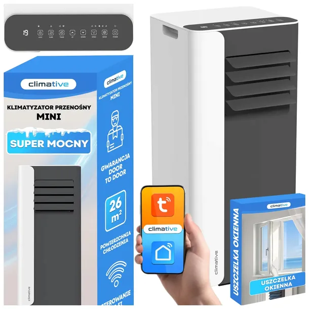 3w1 Klimatyzator przenośny MINI 2,6 kW mały cichy WiFi do 26 m2 uszczelka