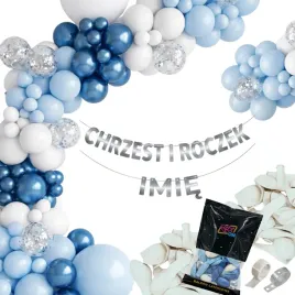 girlanda-balonowa-niebieska-biala-napis-chrzest-i-roczek-imie-srebrny
