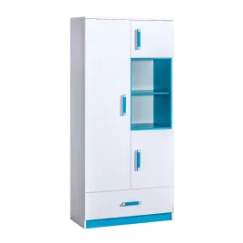 meble-trafiko-03-regal-na-ksiazki-z-polkami-drzwiami-szuflada-bialy-turkus
