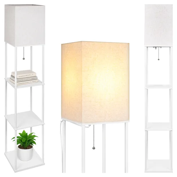 Lampa Stojąca Podłogowa LED biała 2w1 PÓŁKA REGAŁ 160cm Do Czytania E27