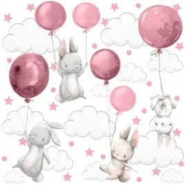 naklejki-scienne-dla-dzieci-kroliczki-rozowe-balony-chmurki-kropki-zestaw